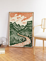 Illustrated Grand Canyon landscape wall art print featuring green mountains, a reddish-orange winding river, and clouds. - Image 2