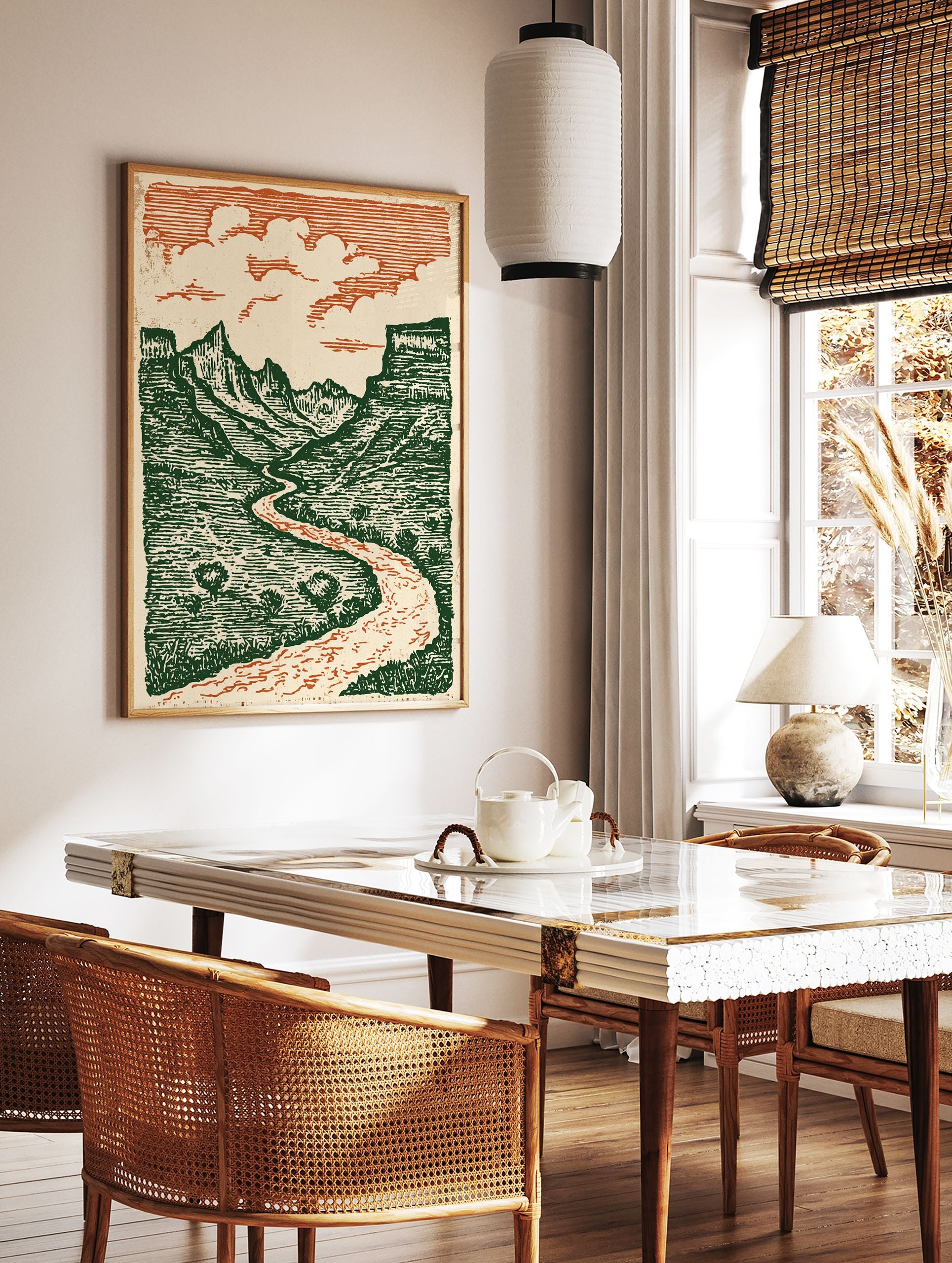 Illustrated Grand Canyon landscape wall art print featuring green mountains, a reddish-orange winding river, and clouds. - Image 3