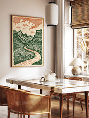 Illustrated Grand Canyon landscape wall art print featuring green mountains, a reddish-orange winding river, and clouds. - Image 3