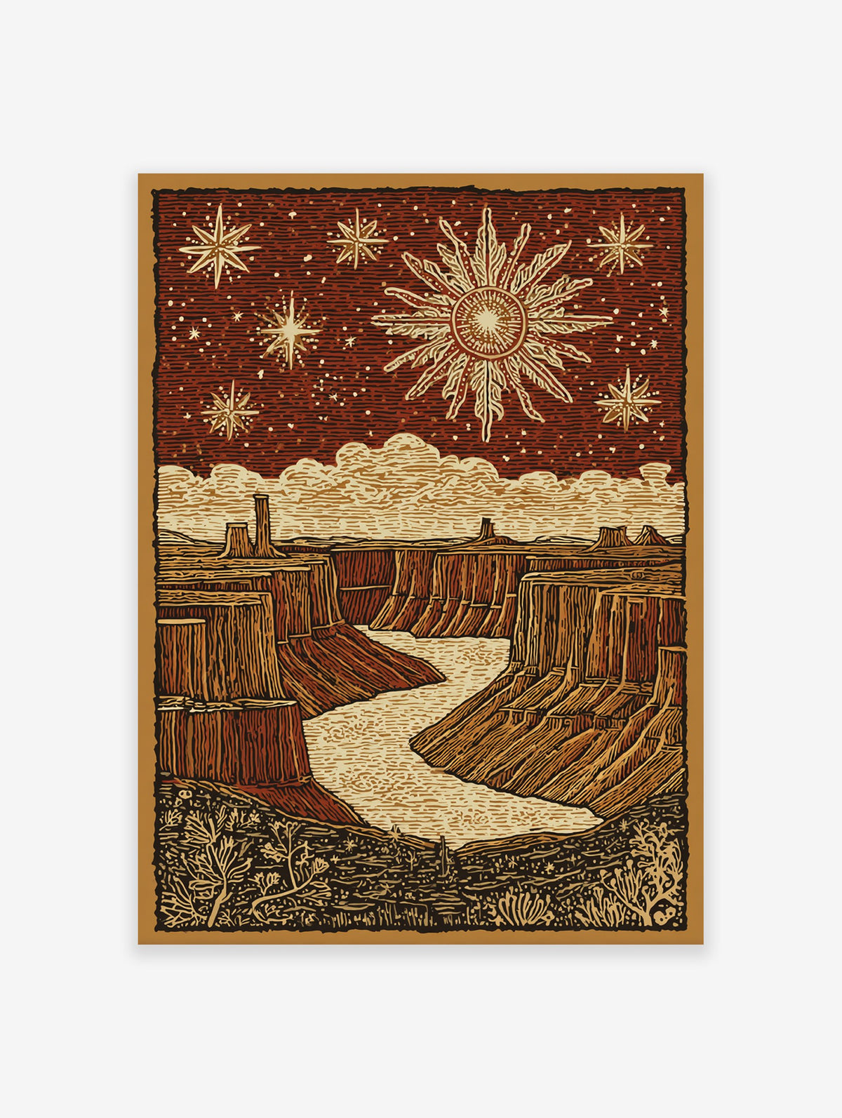 Illustrative Grand Canyon poster with a river, desert landscape, prominent sun, and stars in a deep red sky.