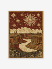 Illustrative Grand Canyon poster with a river, desert landscape, prominent sun, and stars in a deep red sky.