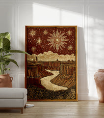 Illustrative Grand Canyon poster with a river, desert landscape, prominent sun, and stars in a deep red sky. - Image 3