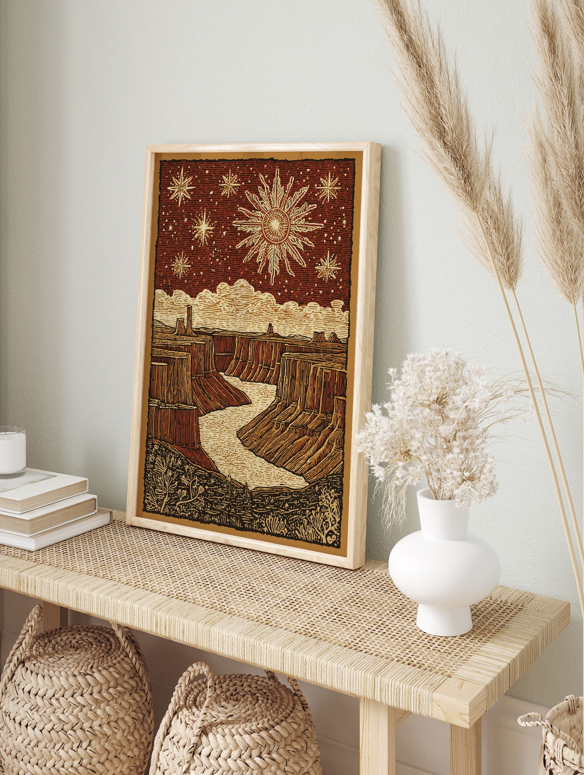 Illustrative Grand Canyon poster with a river, desert landscape, prominent sun, and stars in a deep red sky. - Image 4