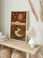 Illustrative Grand Canyon poster with a river, desert landscape, prominent sun, and stars in a deep red sky. - Image 4