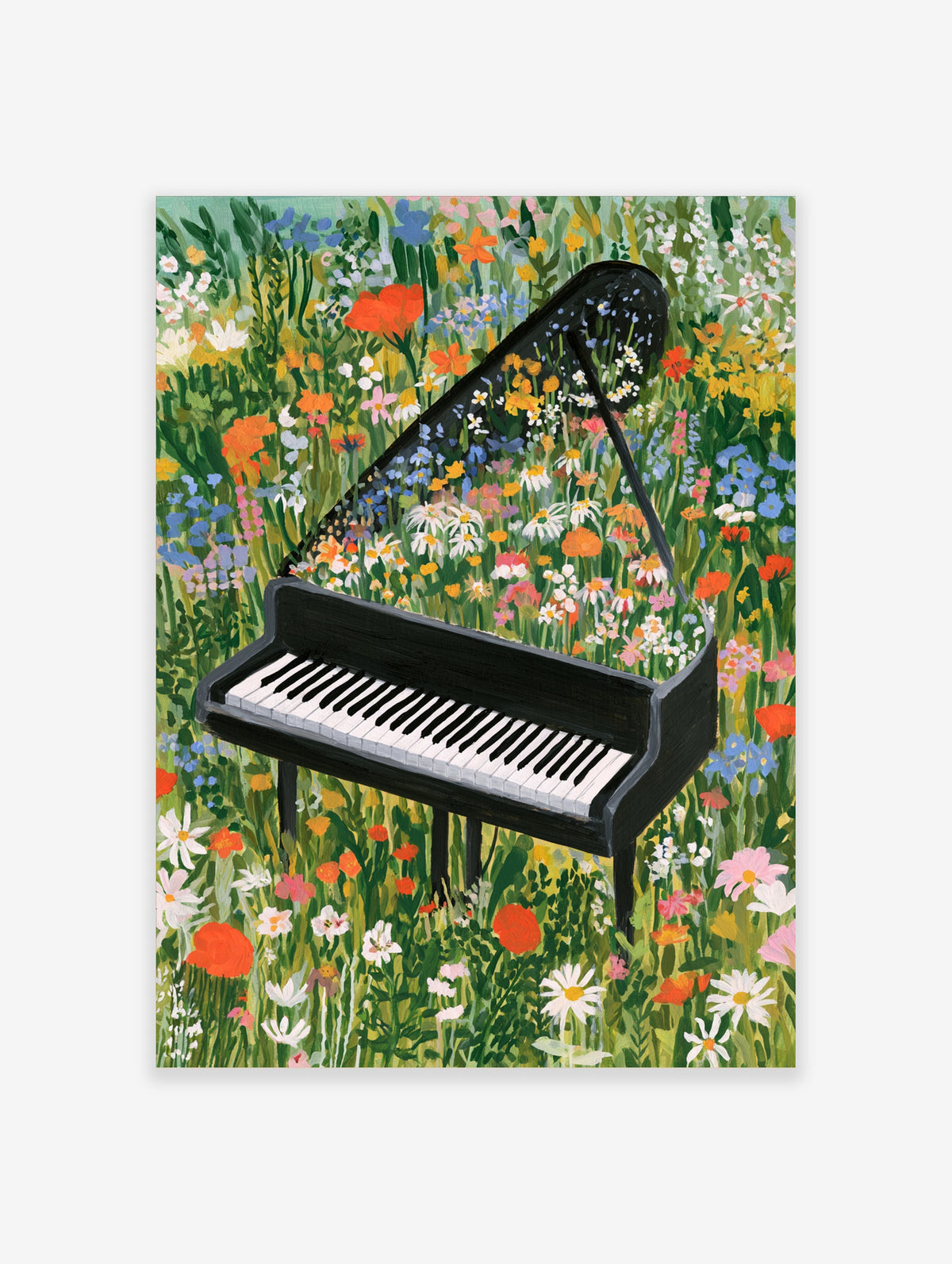 Grand piano with vibrant wildflowers growing from the open lid in a lush meadow, illustrative botanical art print