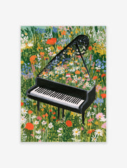 Grand piano with vibrant wildflowers growing from the open lid in a lush meadow, illustrative botanical art print