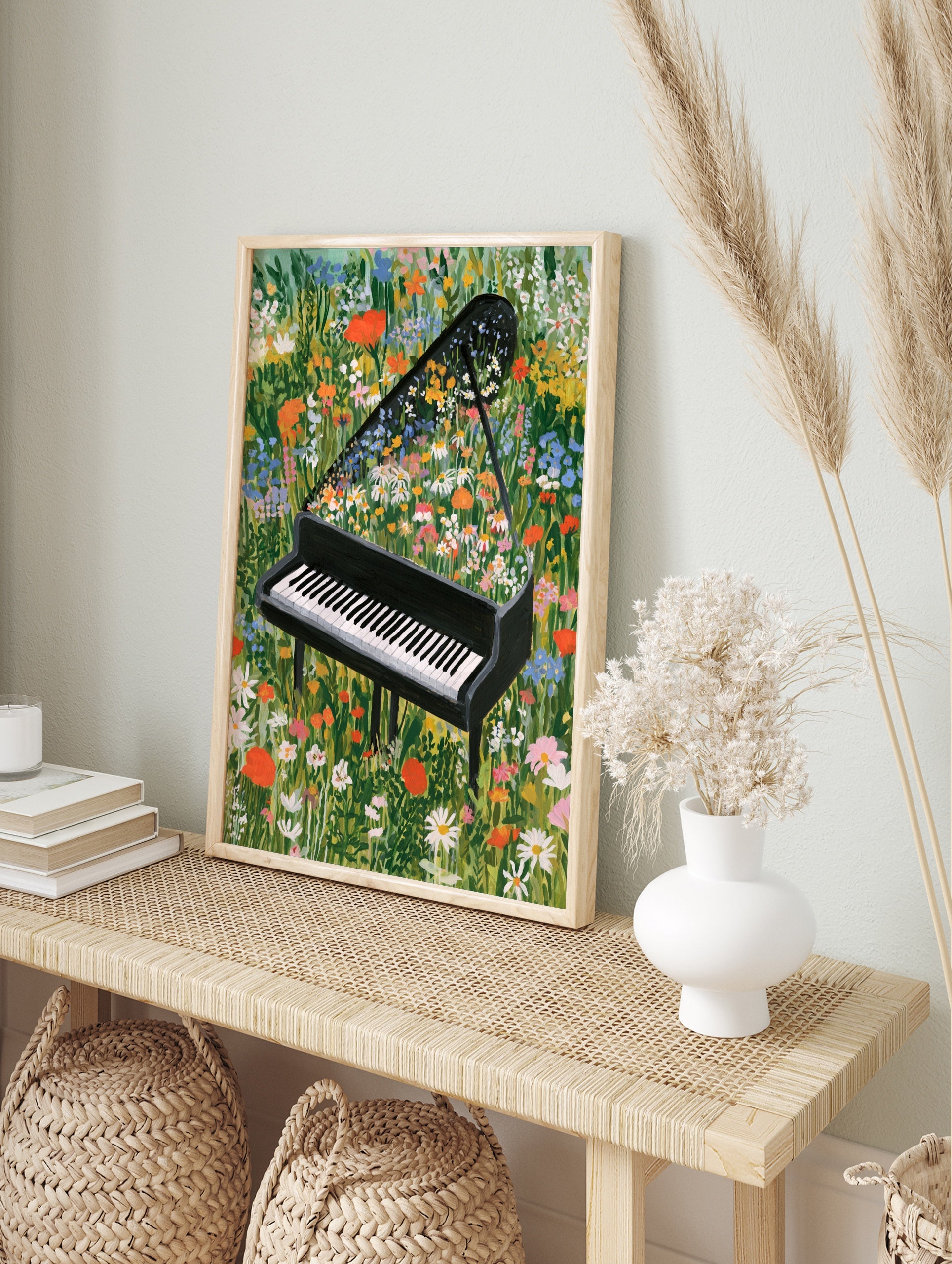Grand piano with vibrant wildflowers growing from the open lid in a lush meadow, illustrative, in an alternate framed mockup