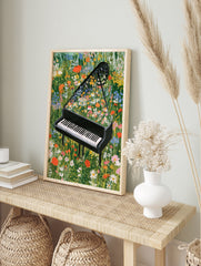 Grand piano with vibrant wildflowers growing from the open lid in a lush meadow, illustrative, in an alternate framed mockup