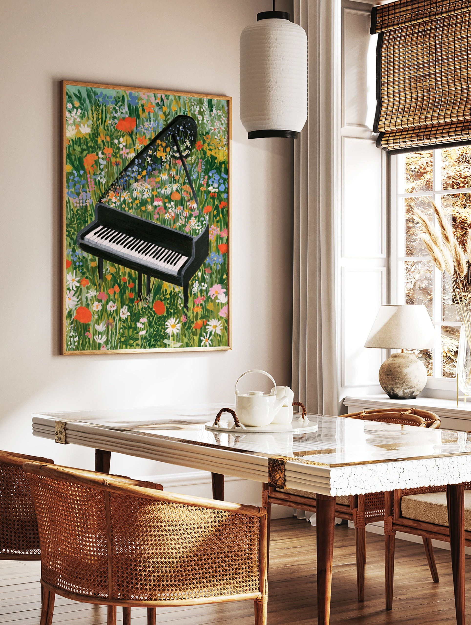 Grand piano with vibrant wildflowers growing from the open lid in a lush meadow, illustrative, in a styled room mockup