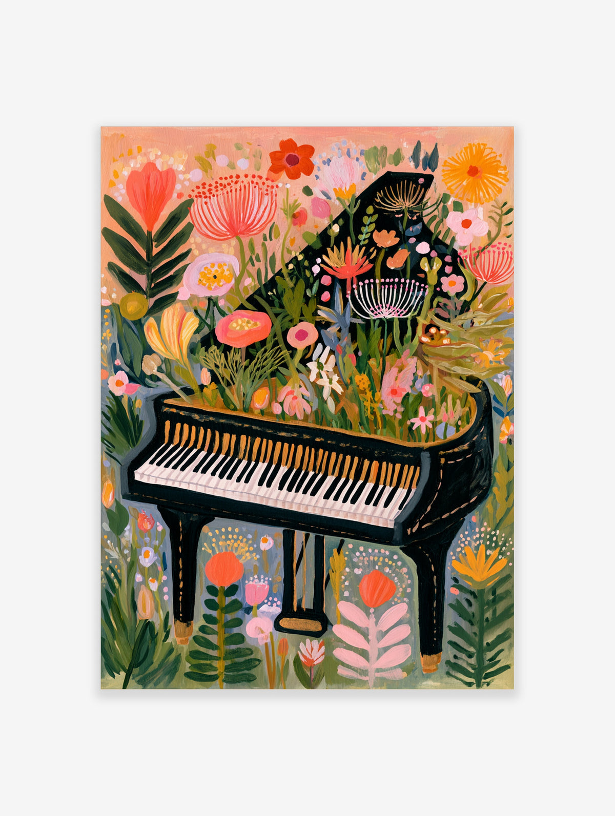 Grand piano overflowing with colourful flowers and botanical foliage on a soft peach background, art print