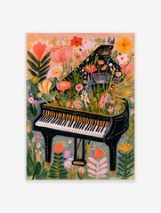 Grand piano overflowing with colourful flowers and botanical foliage on a soft peach background, art print