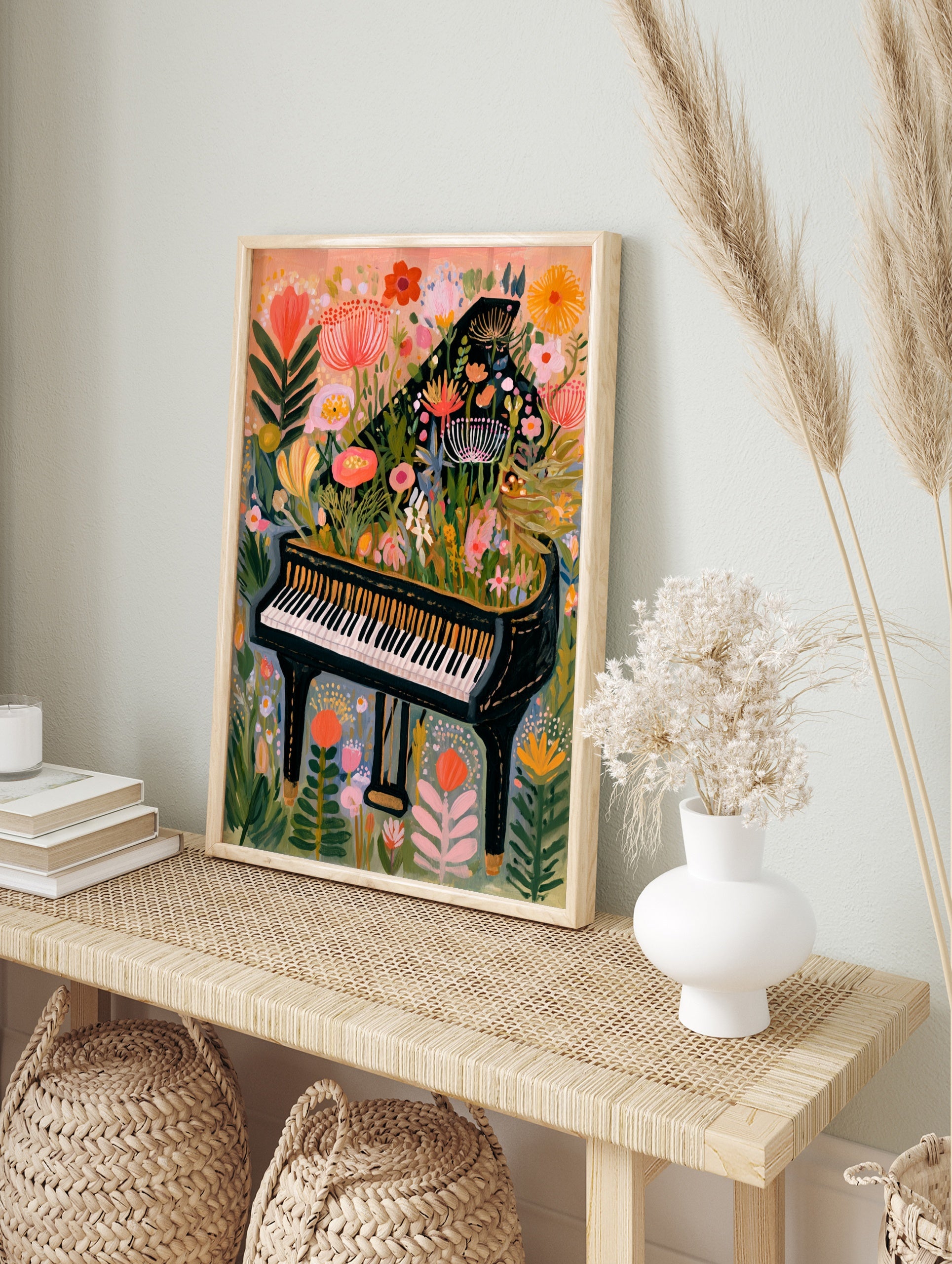 Grand piano overflowing with colourful flowers and botanical foliage on a soft peach, in an alternate framed mockup