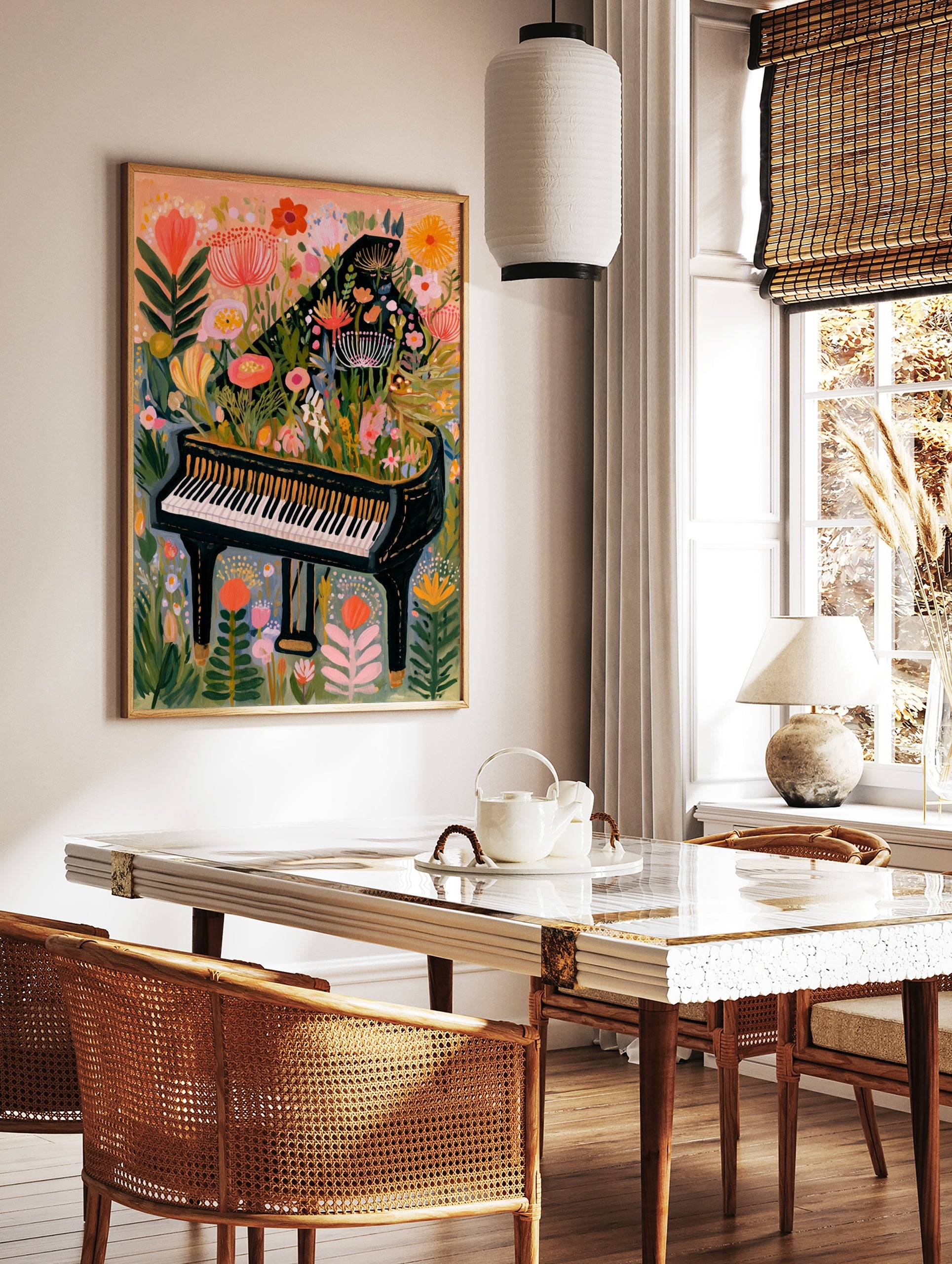 Grand piano overflowing with colourful flowers and botanical foliage on a soft peach background, in a styled room mockup