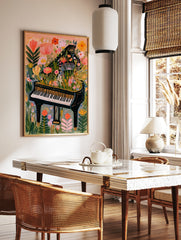 Grand piano overflowing with colourful flowers and botanical foliage on a soft peach background, in a styled room mockup