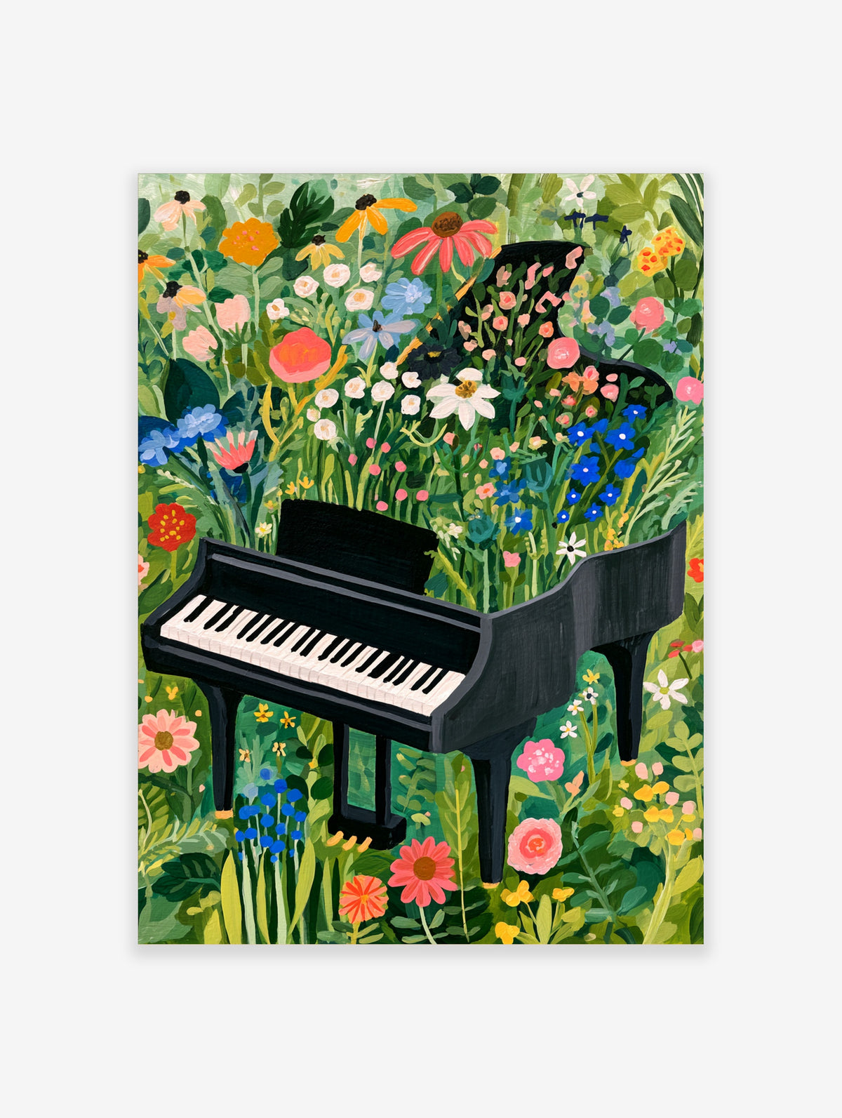 Grand piano overflowing with colourful wildflowers and lush green foliage, illustrative botanical art print