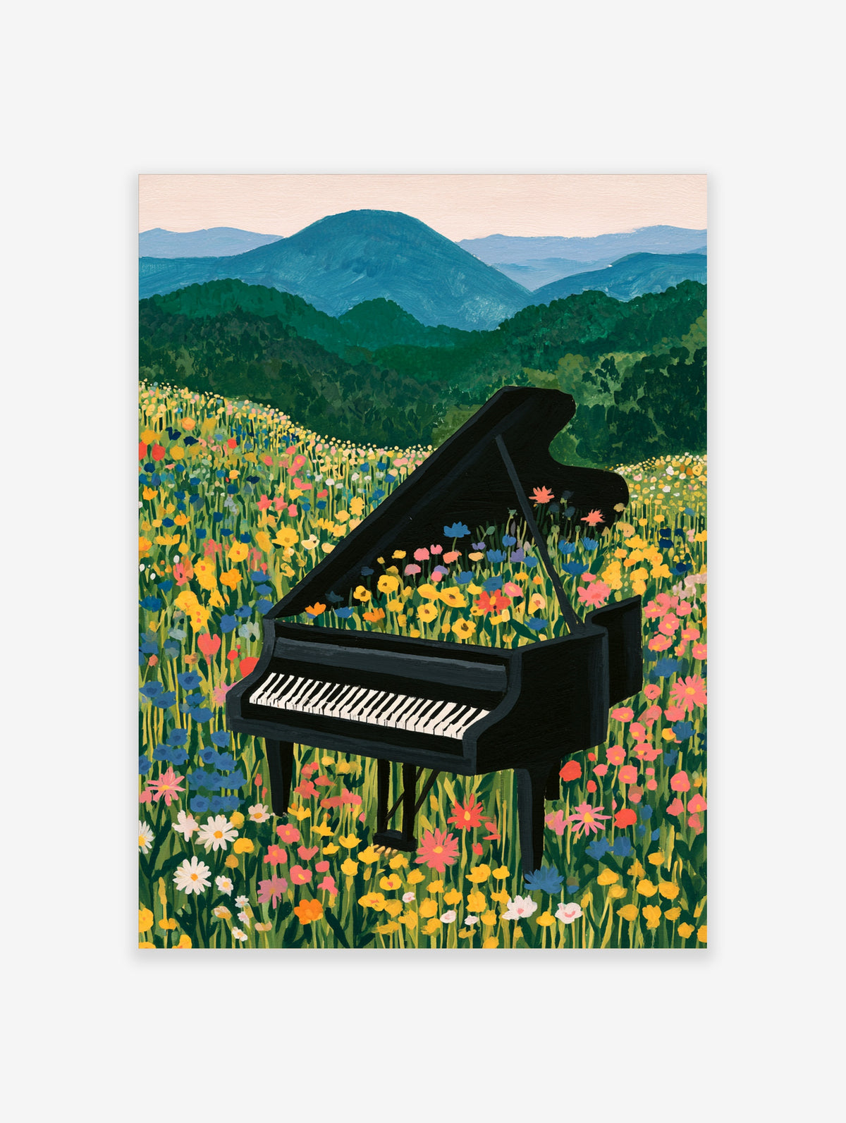 Black grand piano sitting in a meadow of colourful wildflowers with mountains in the background, illustrative art print