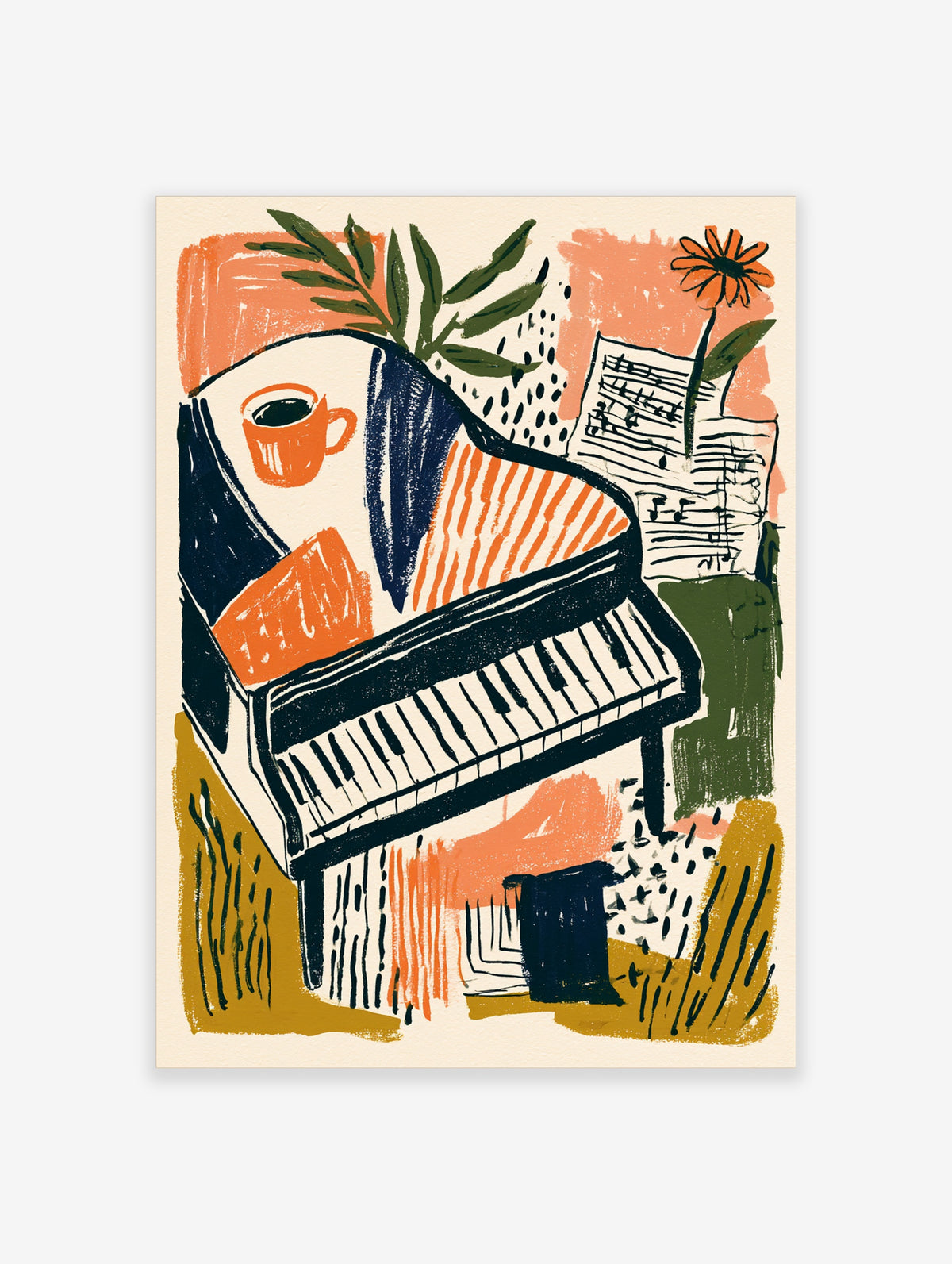 Colourful grand piano illustration with orange mug, sheet music, and flower