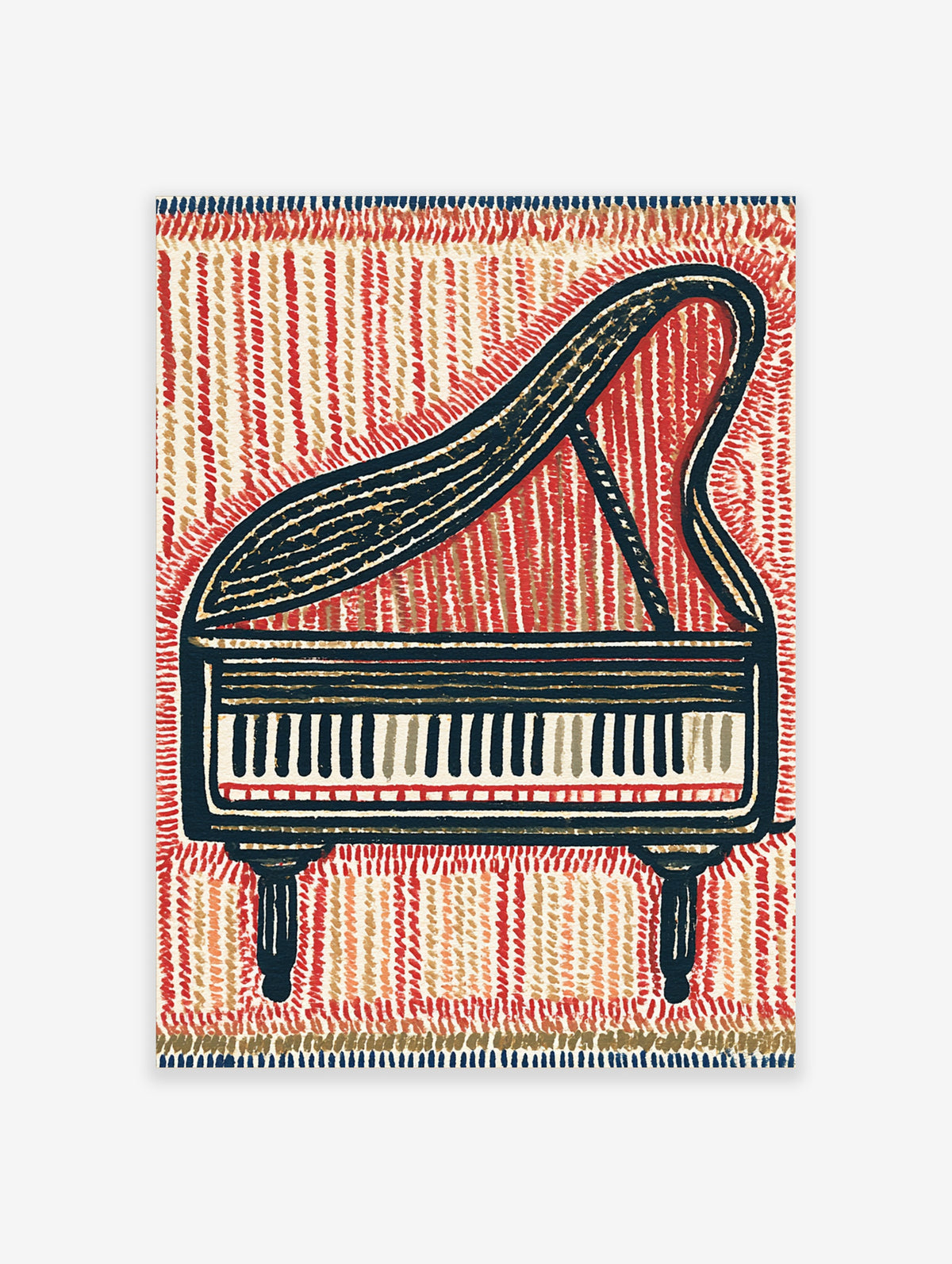 Navy grand piano illustration with red textured background and cream keyboard on a poster
