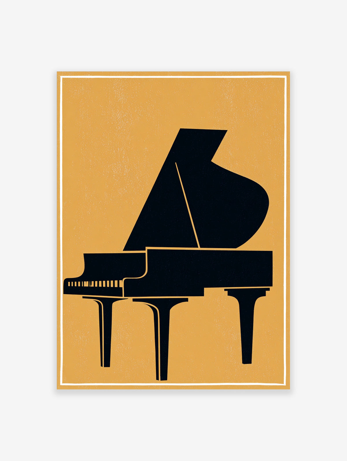 Black grand piano silhouette on mustard yellow background, minimalist music poster