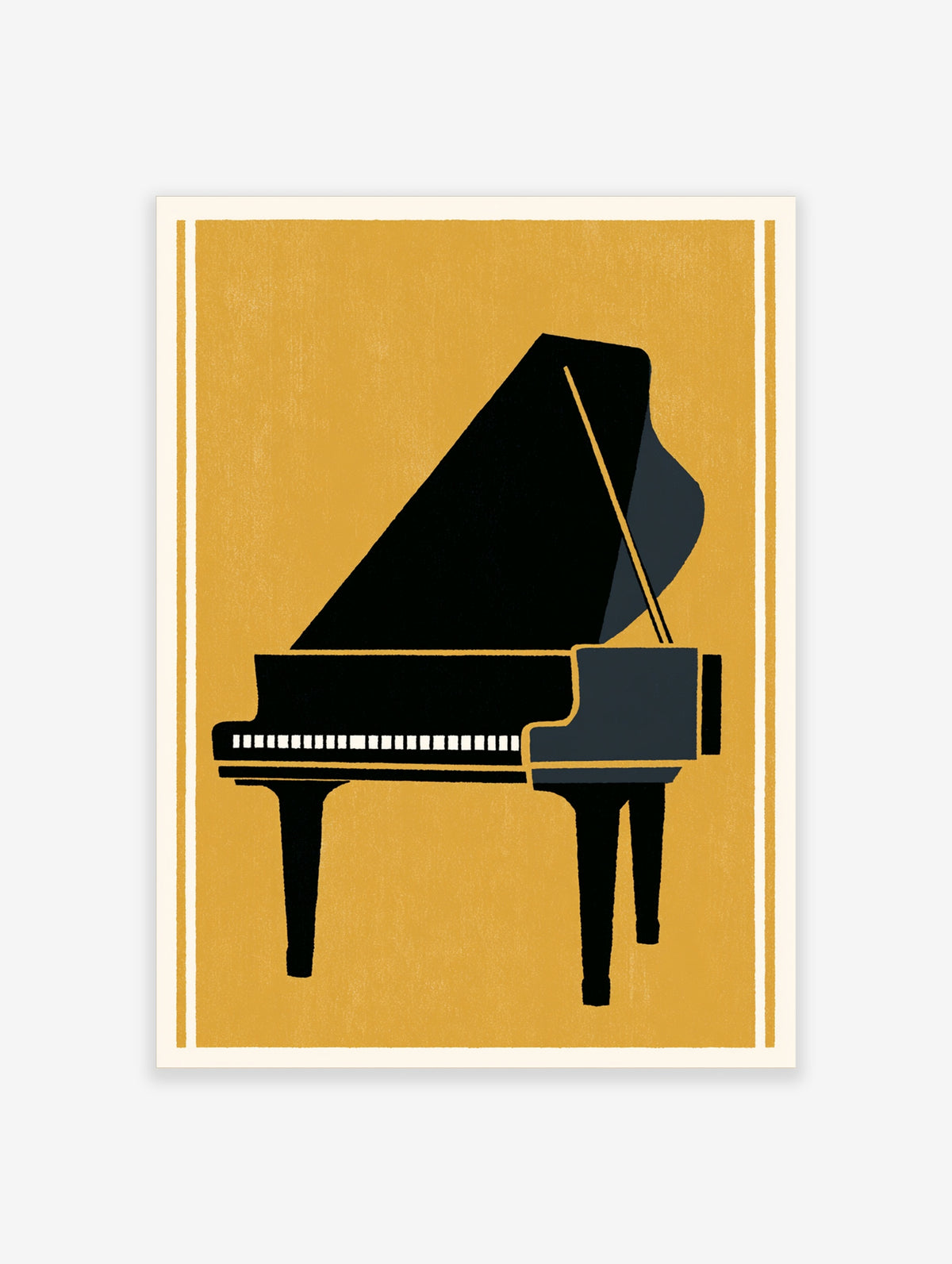 Black grand piano silhouette with open lid and white keyboard on mustard yellow background art print