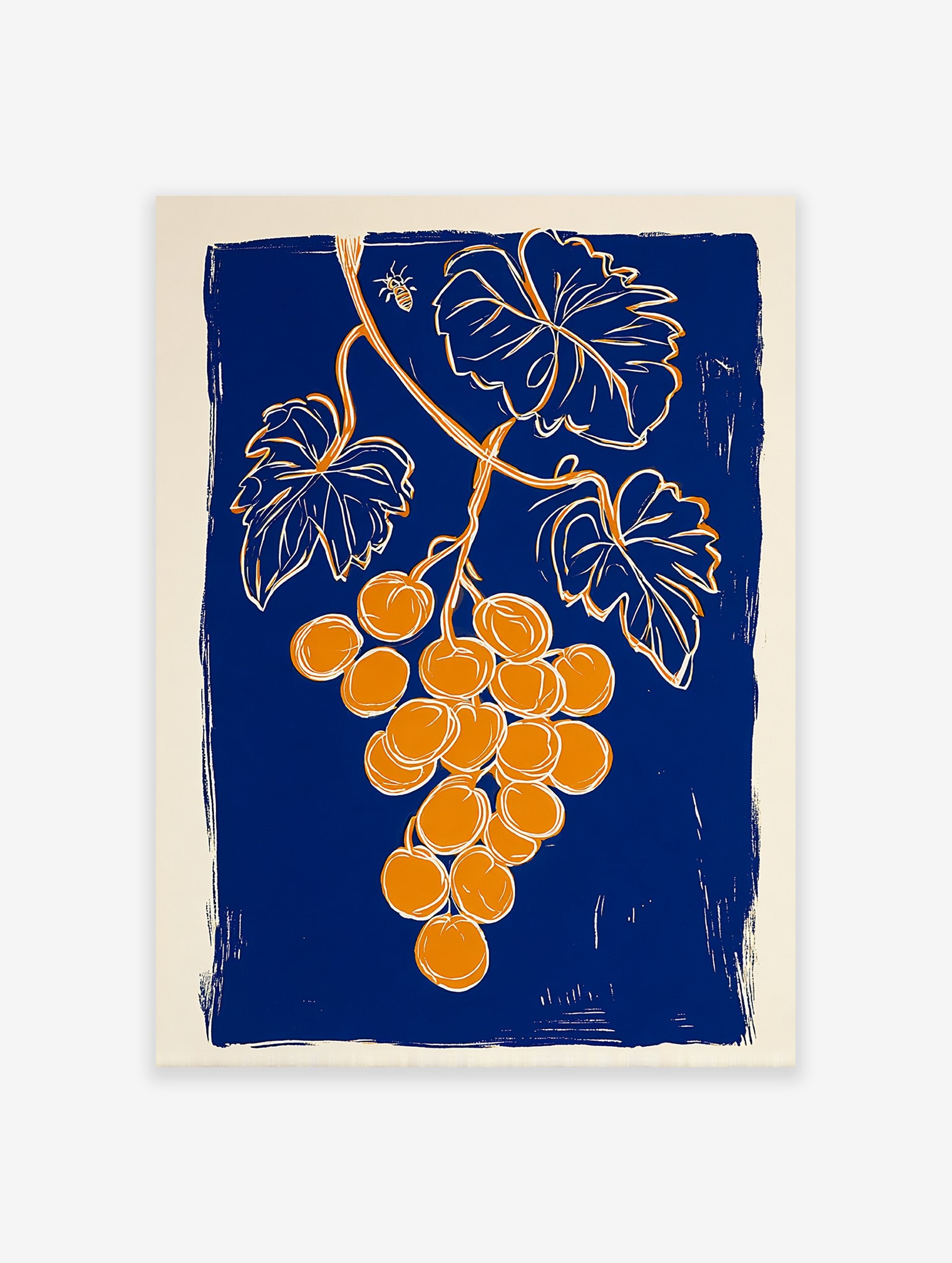 Grape botanical illustration art print with orange grapes, green leaves, and a bee on a textured blue background.
