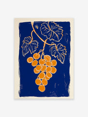 Grape botanical illustration art print with orange grapes, green leaves, and a bee on a textured blue background.