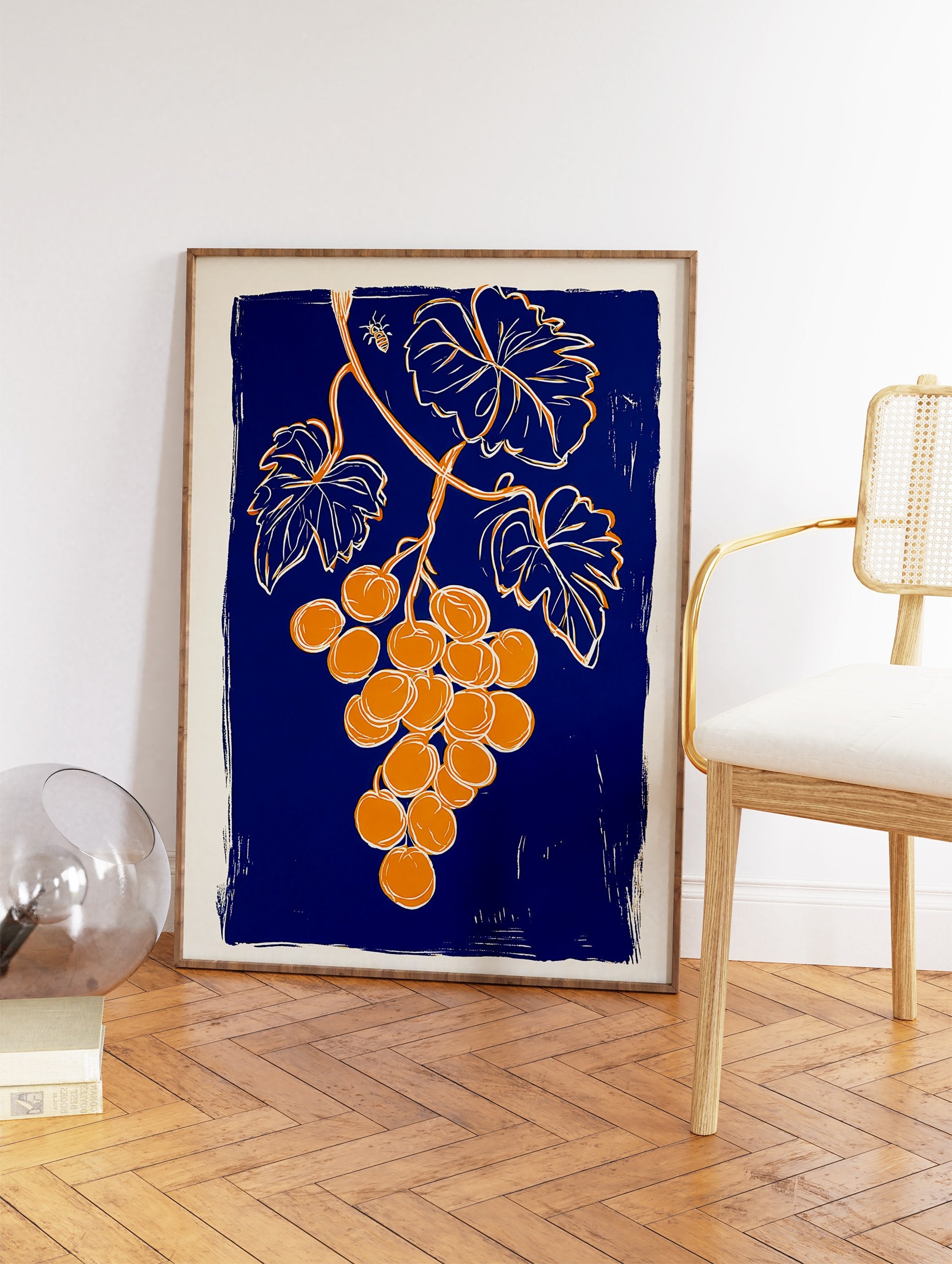Grape botanical illustration art print with orange grapes, green leaves, and a bee on a textured blue background. - Image 2