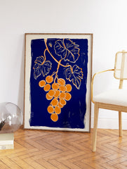 Grape botanical illustration art print with orange grapes, green leaves, and a bee on a textured blue background. - Image 2