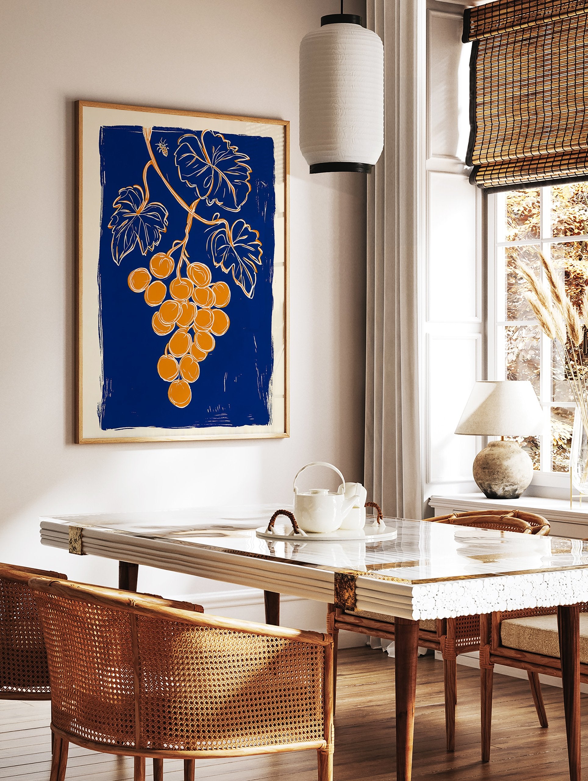 Grape botanical illustration art print with orange grapes, green leaves, and a bee on a textured blue background. - Image 3