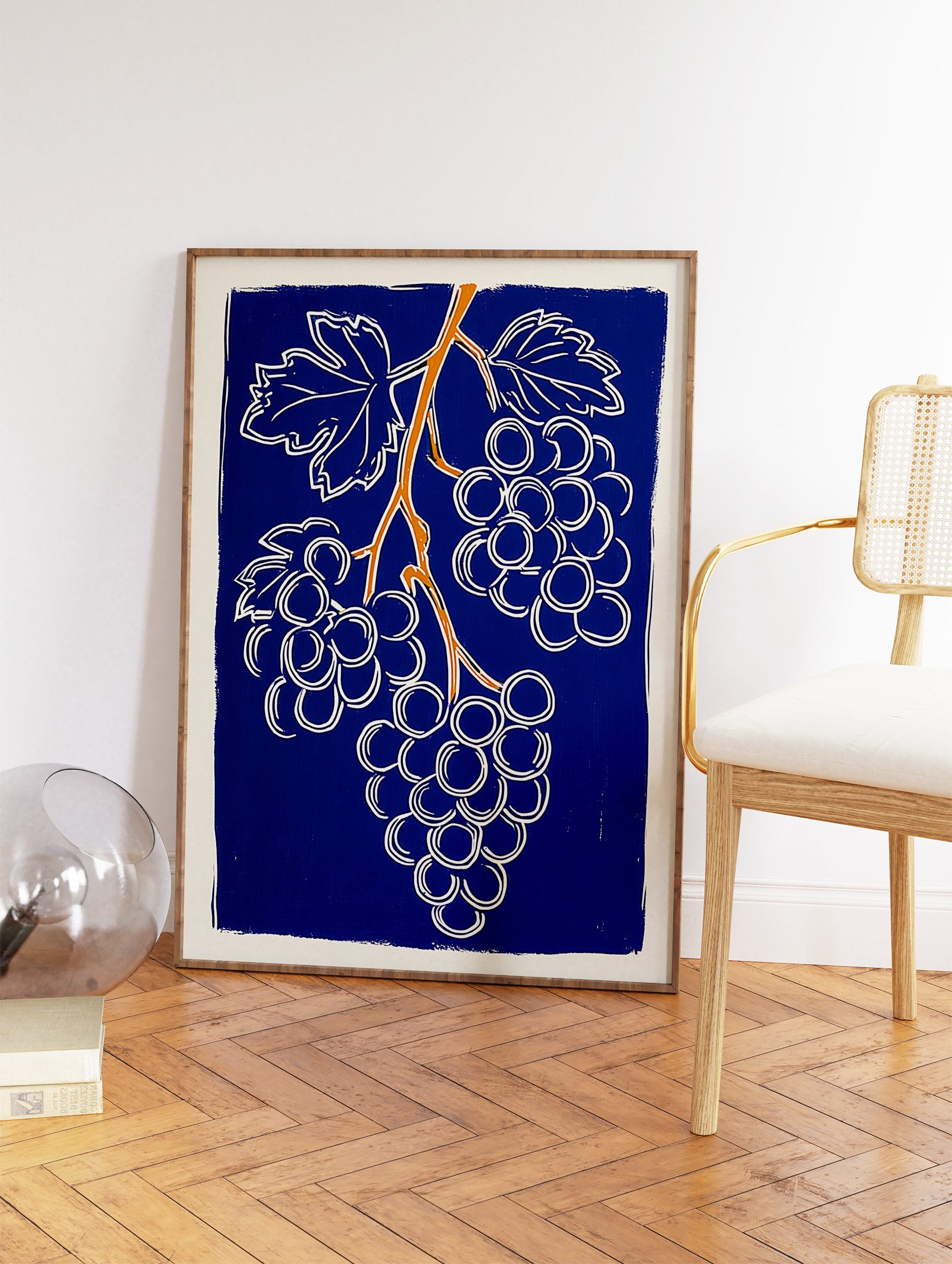 Grape Wall Art print featuring a stylized blue, white, and orange grape vine illustration. - Image 2