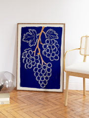 Grape Wall Art print featuring a stylized blue, white, and orange grape vine illustration. - Image 2