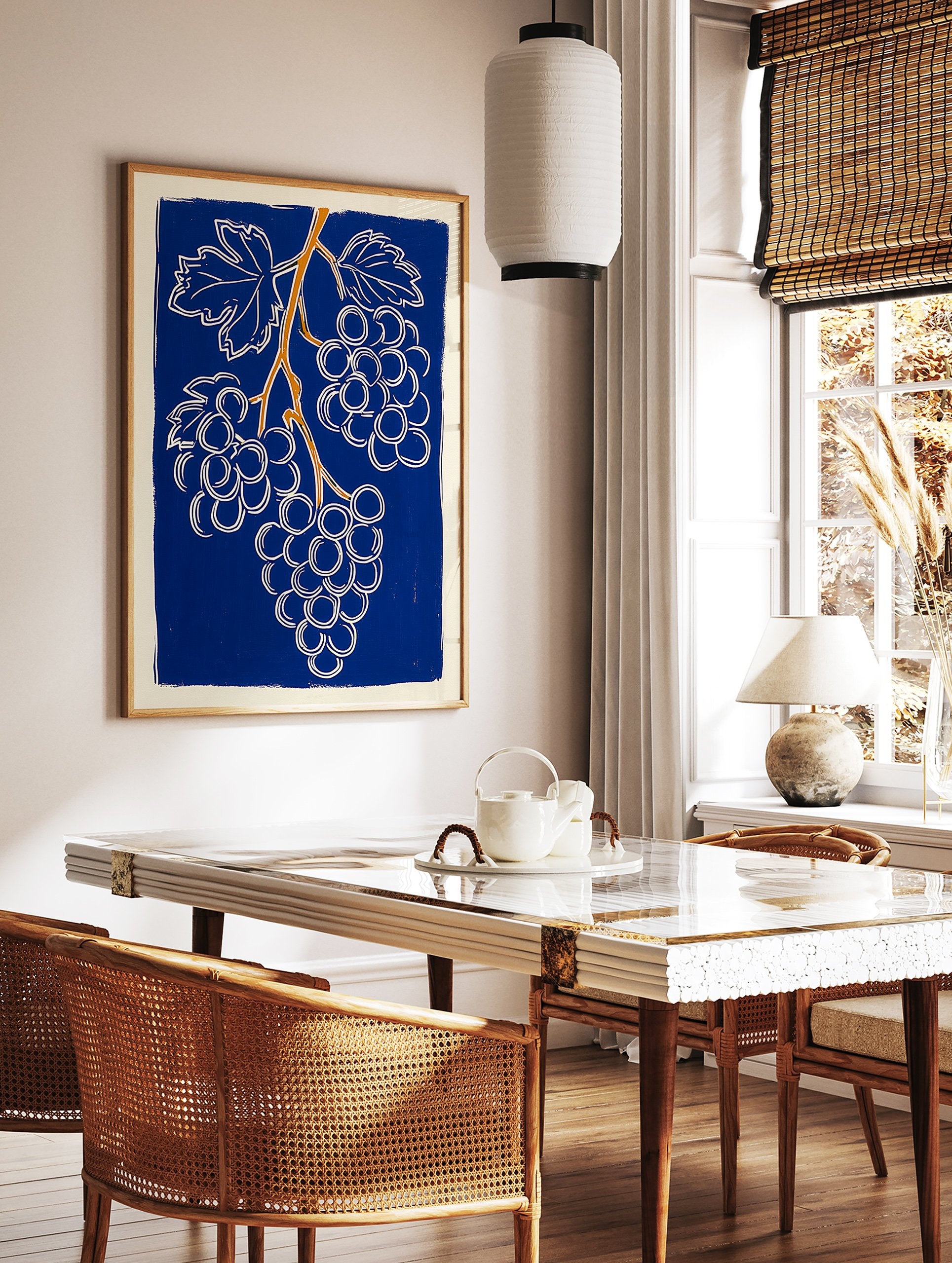 Grape Wall Art print featuring a stylized blue, white, and orange grape vine illustration. - Image 3