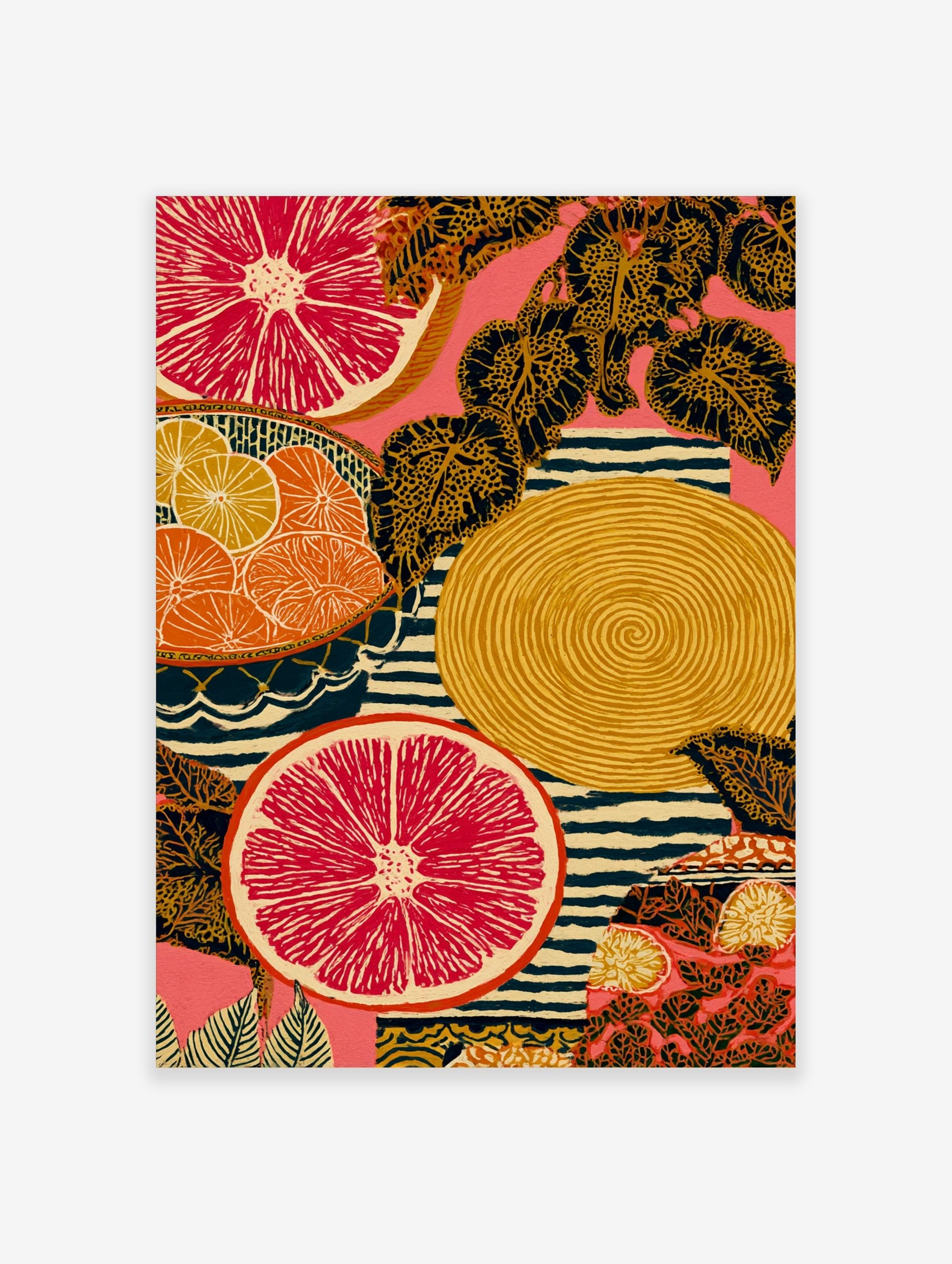 Illustrative art print of sliced red grapefruit, orange citrus, patterned leaves, and stripes on a pink background