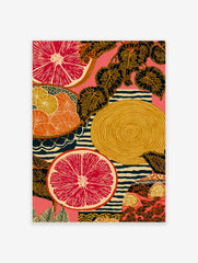 Illustrative art print of sliced red grapefruit, orange citrus, patterned leaves, and stripes on a pink background