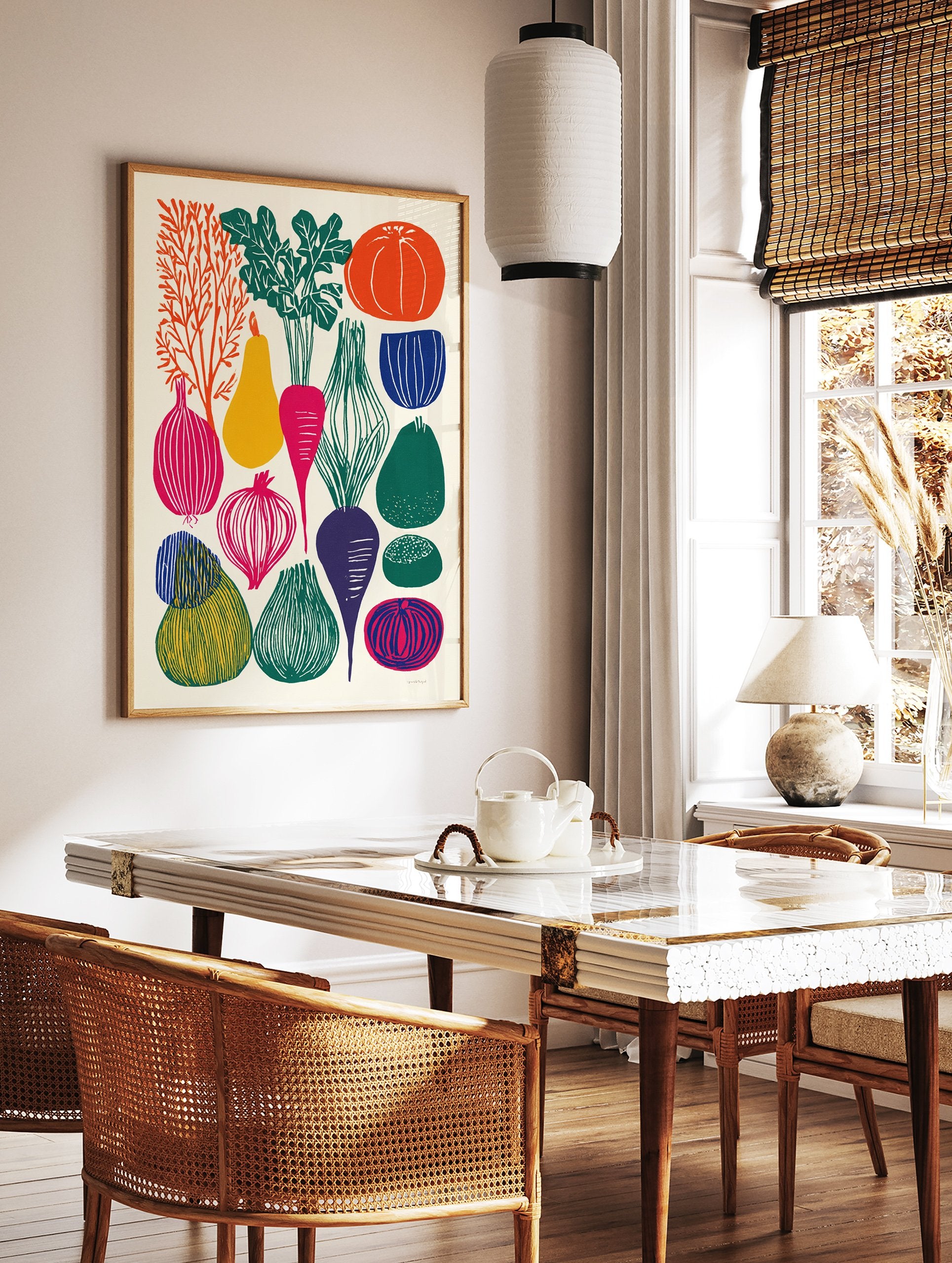Graphic vegetable art print featuring colorful illustrations of various produce like carrots, onions, and pumpkins on a light background. - Image 2