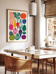 Graphic vegetable art print featuring colorful illustrations of various produce like carrots, onions, and pumpkins on a light background. - Image 2