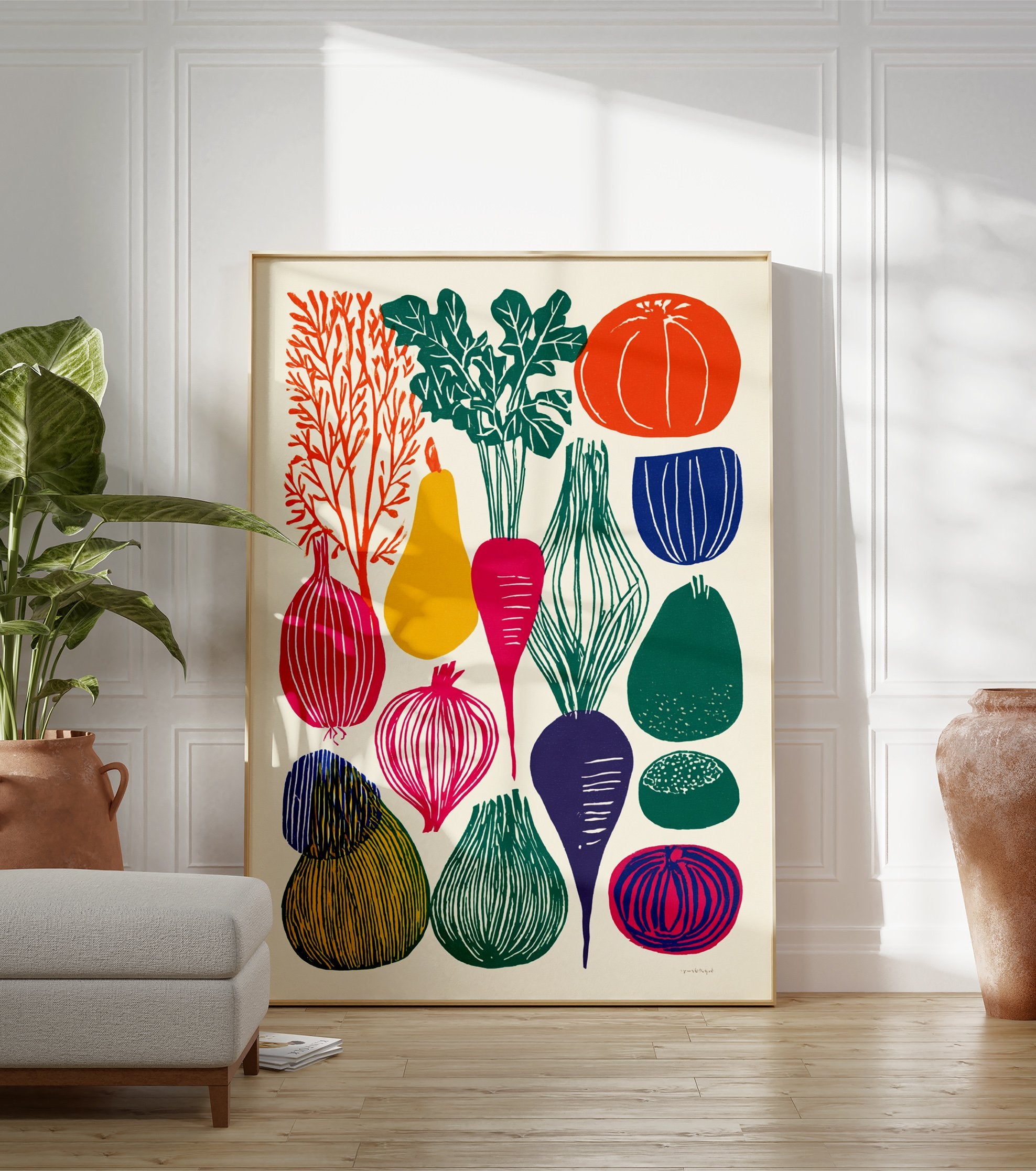 Graphic vegetable art print featuring colorful illustrations of various produce like carrots, onions, and pumpkins on a light background. - Image 3