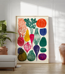 Graphic vegetable art print featuring colorful illustrations of various produce like carrots, onions, and pumpkins on a light background. - Image 3