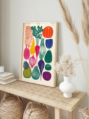 Graphic vegetable art print featuring colorful illustrations of various produce like carrots, onions, and pumpkins on a light background. - Image 4