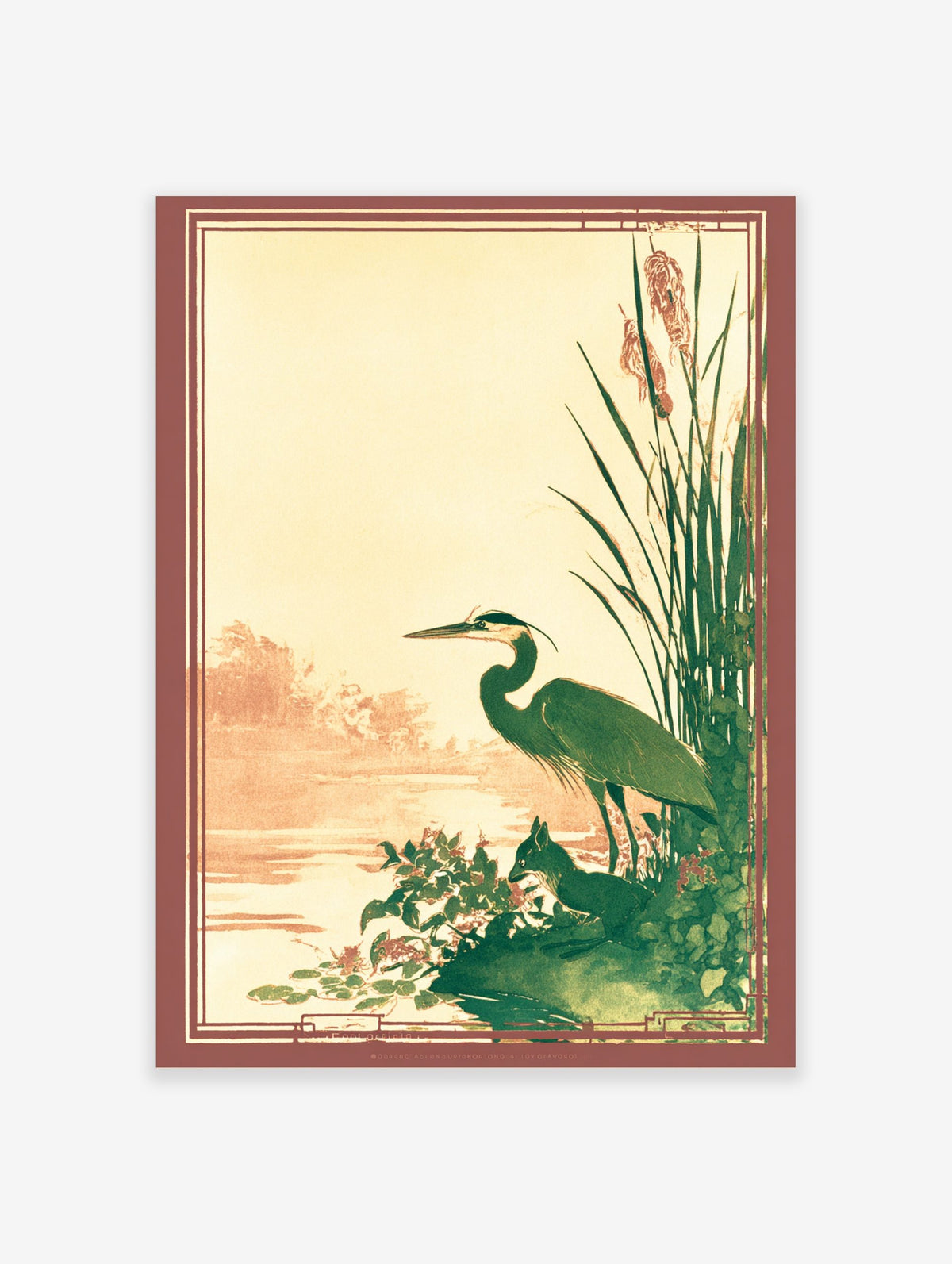 Illustrative great blue heron and fox by a pond with reeds, in green, brown, and beige tones