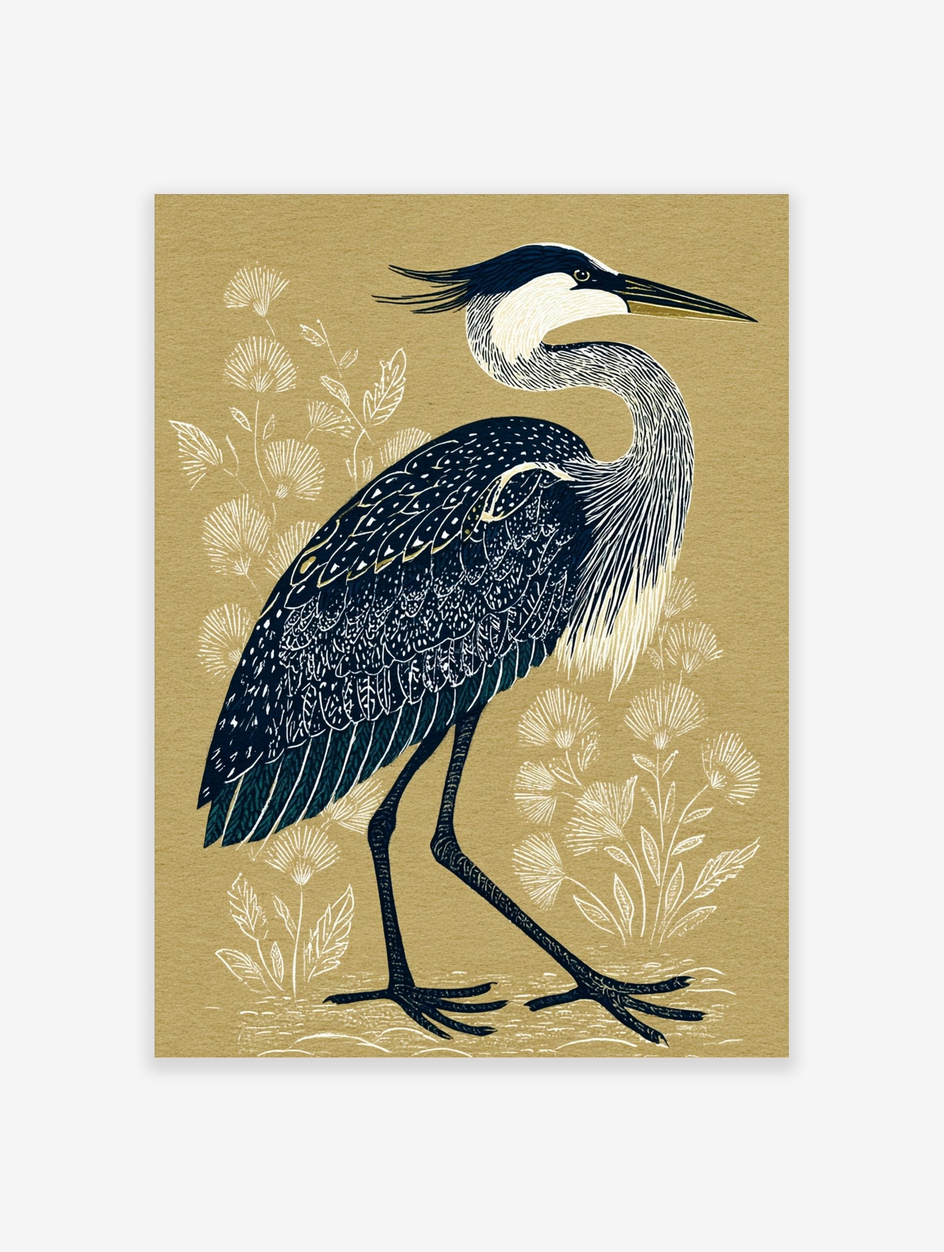 Great Blue Heron bird illustration with navy blue feathers and white neck on a beige background with white botanicals