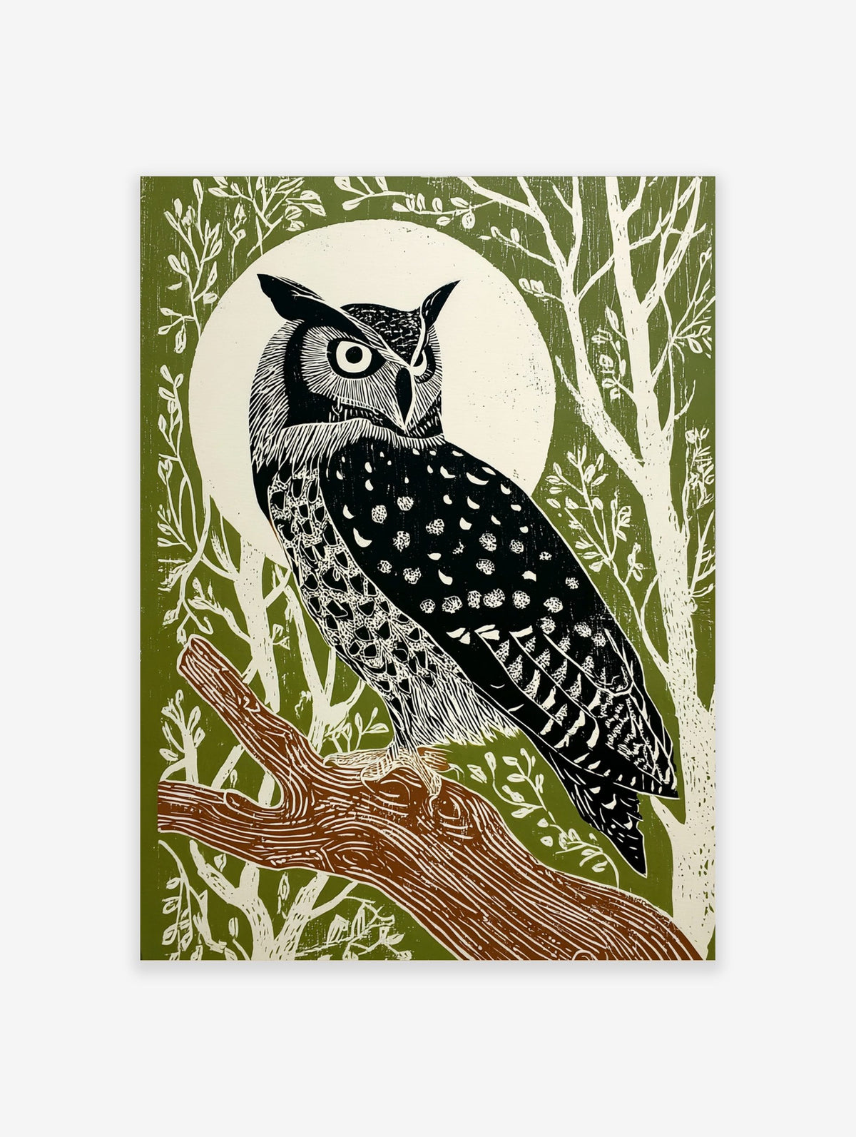 Illustrative great horned owl perched on a branch against a white full moon and green forest