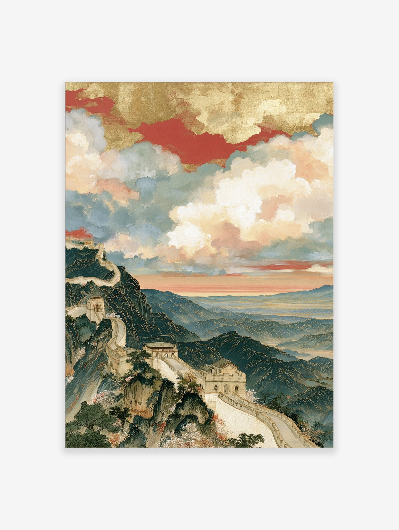 Great Wall of China landscape illustration with watchtowers, blossoms, and golden clouds on a mountain background