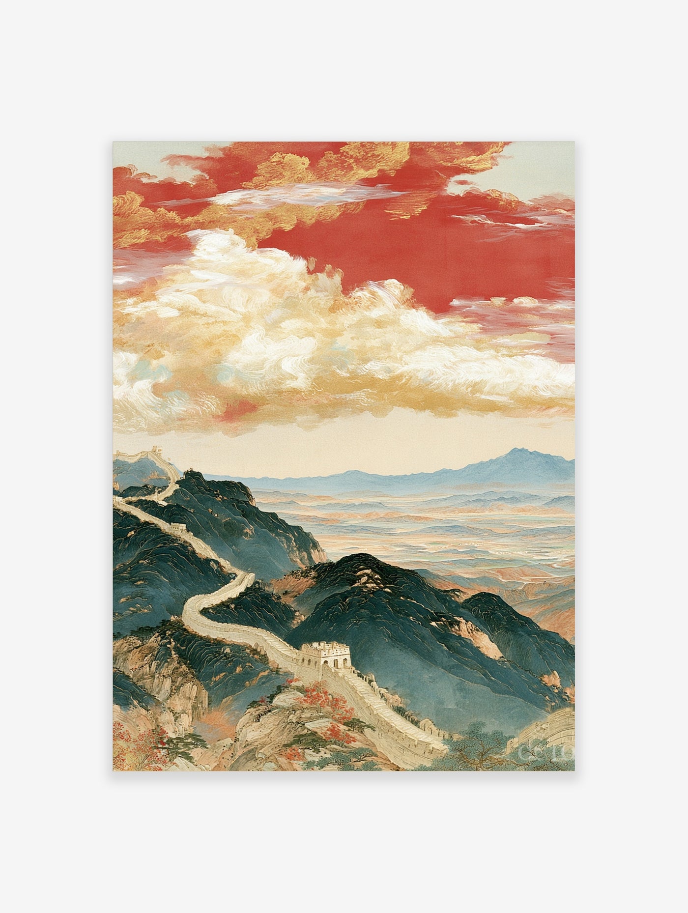 Great Wall of China winding over mountain ridges under dramatic red clouds landscape painting art print