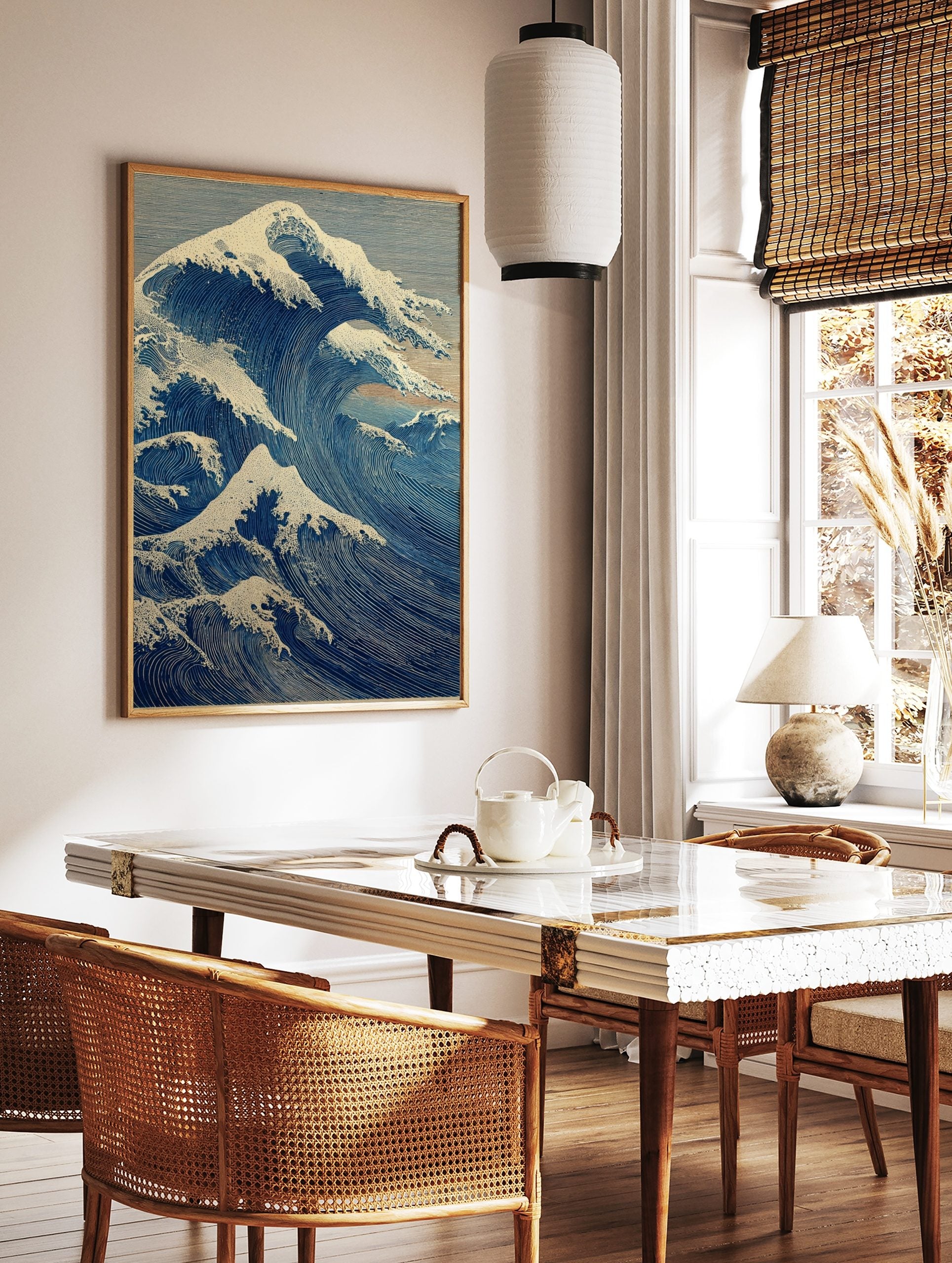 Japanese Great Wave wall art print with powerful blue ocean waves, white foam, and a small mountain, in a styled room mockup