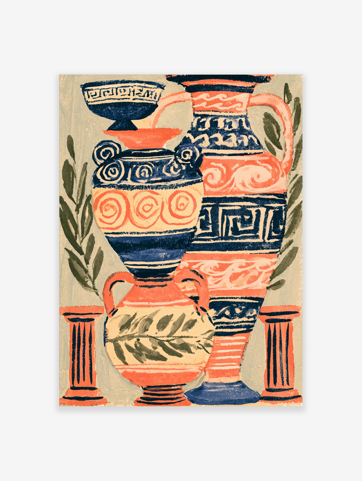Greek vase art print with three amphorae, coral and navy patterns, olive branches, and column bases