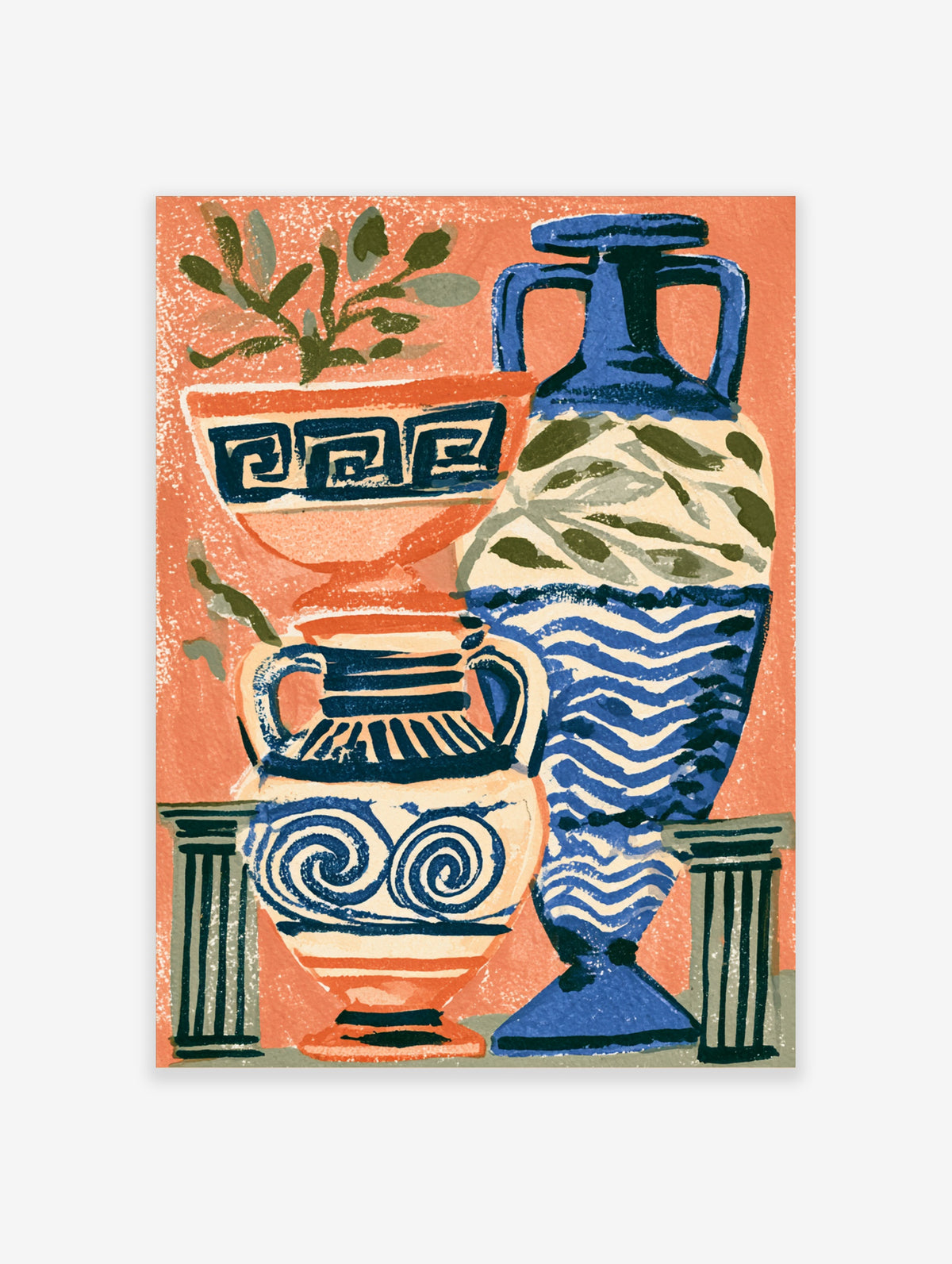 Greek vase art print with blue and terracotta pottery, wave patterns, and olive branches on coral background