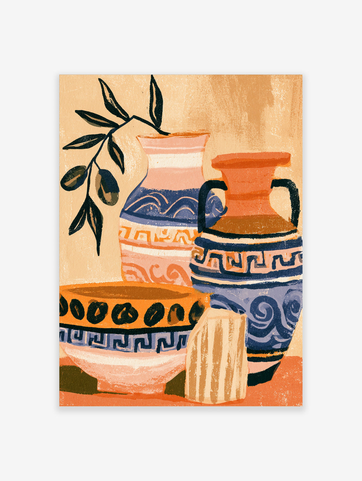 Greek vase art print with terracotta jug, bowl, amphora and olive branch in ochre, blue and pink