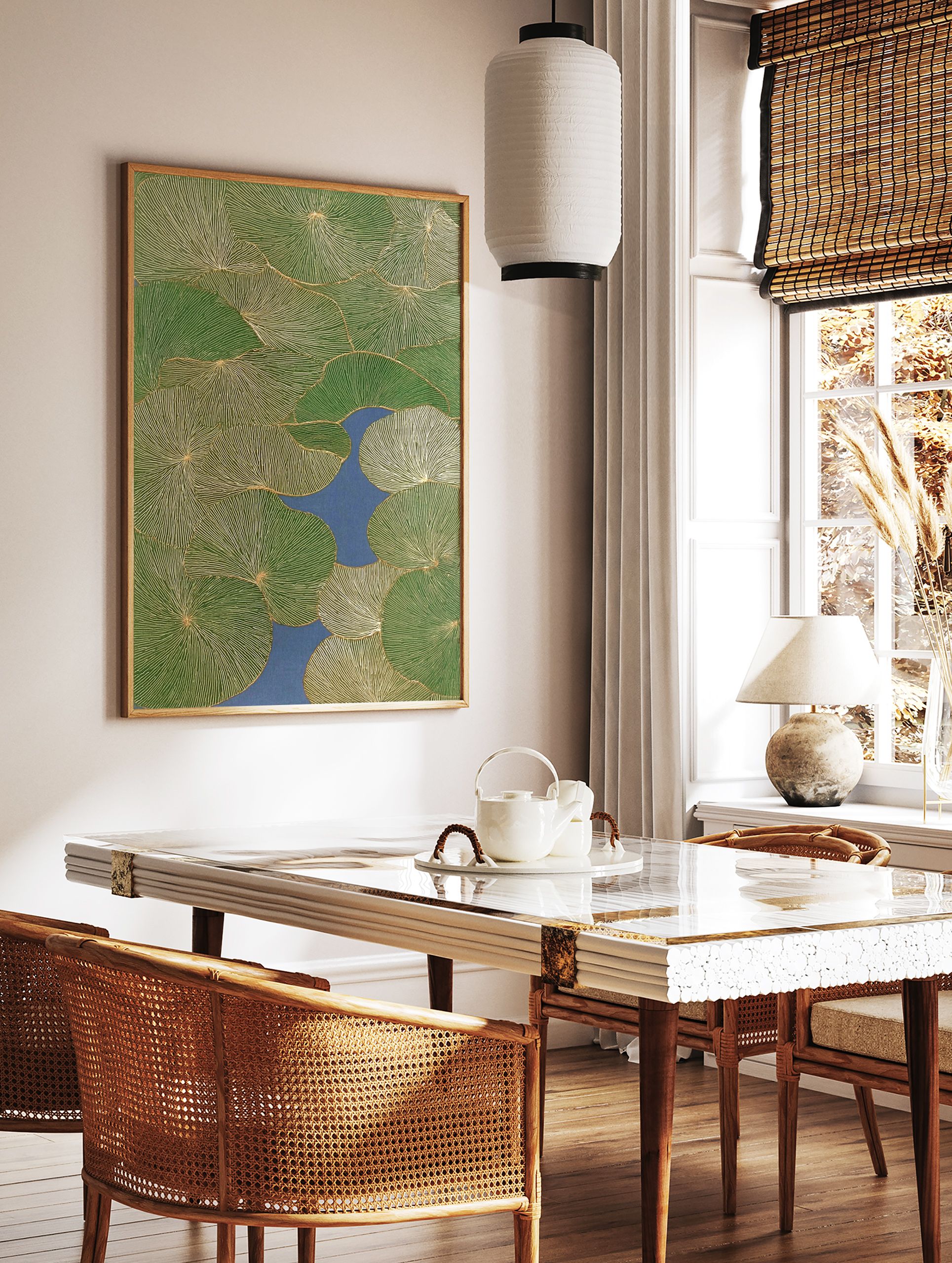 Green lily pad botanical wall art with golden line details floating on blue water, seen from above, modern nature print. - Image 2