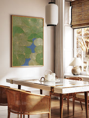 Green lily pad botanical wall art with golden line details floating on blue water, seen from above, modern nature print. - Image 2